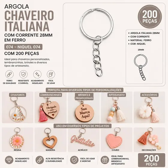 Argola Chaveiro Com Corrente 28Mm Em Ferro Com 200 Pecas