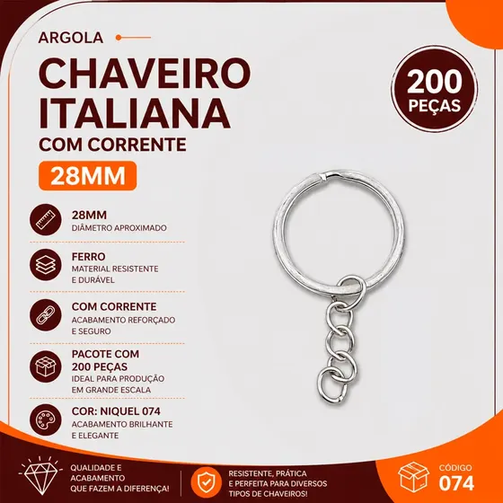 Argola Chaveiro Com Corrente 28Mm Em Ferro Com 200 Pecas