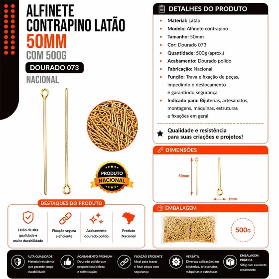 Alfinete Contrapino Latao 50Mm Com 500G - Nacional