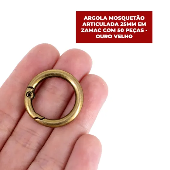 Argola Mosquetao Articulada 25Mm Em Zamac Com 50 Pecas - Ouro Velho