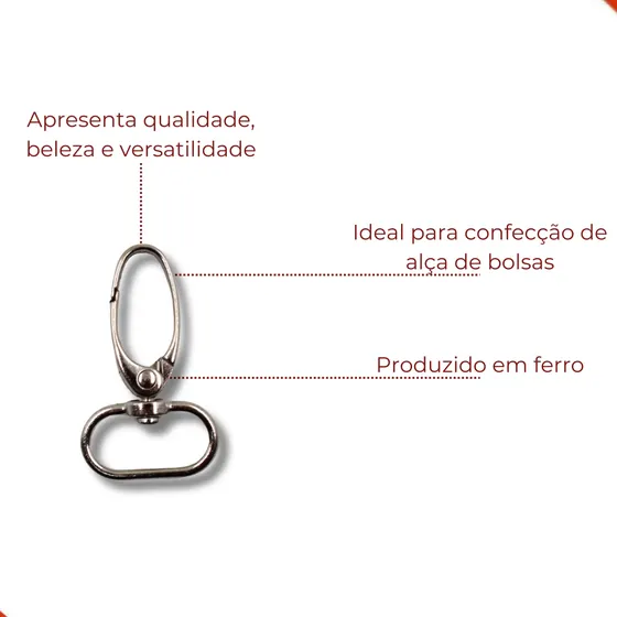 Fecho Mosquetao Base Arredondada 45X25Mm Em Zamac Com 50 Pecas