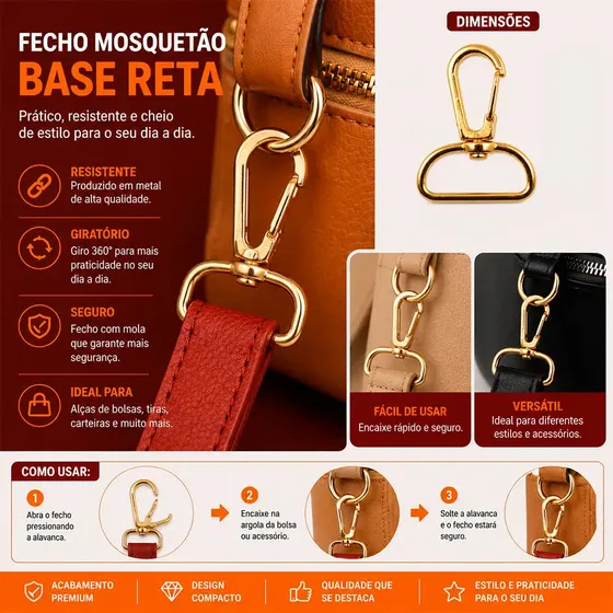 Fecho Mosquetao Base Reta 40X23Mm Em Zamac Com 50 Pecas
