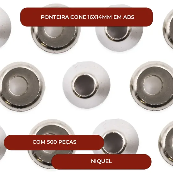 Ponteira Cone 16X14Mm Em Abs Com 500 Pecas - Niquel
