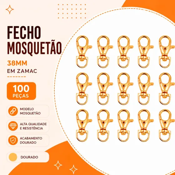 Fecho Mosquetao 38Mm Em Zamac Com 100 Pecas - Dourado