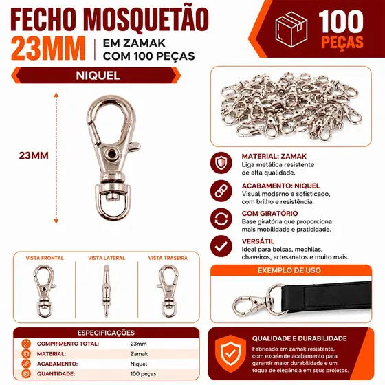 Fecho Mosquetao Base Arredondada 23Mm Em Zamak Com 100 Pecas - Niquel