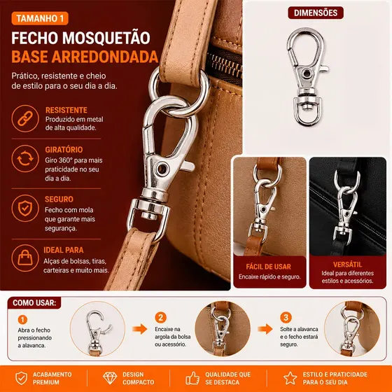 Fecho Mosquetao Base Arredondada 23Mm Em Zamak Com 100 Pecas - Niquel