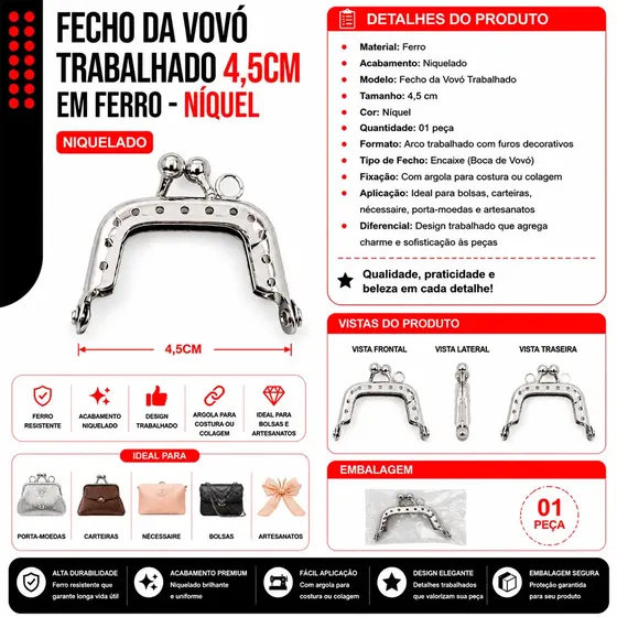 Fecho Da Vovo Trabalhado 4,5Cm Em Ferro - Niquel