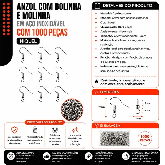 Anzol Com Bolinha E Molinha Em Aco Inoxidavel Com 1000 Pecas - Niquel