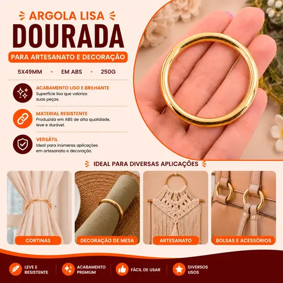 Argola Lisa 5X49Mm Em Abs Com 250G - Dourado