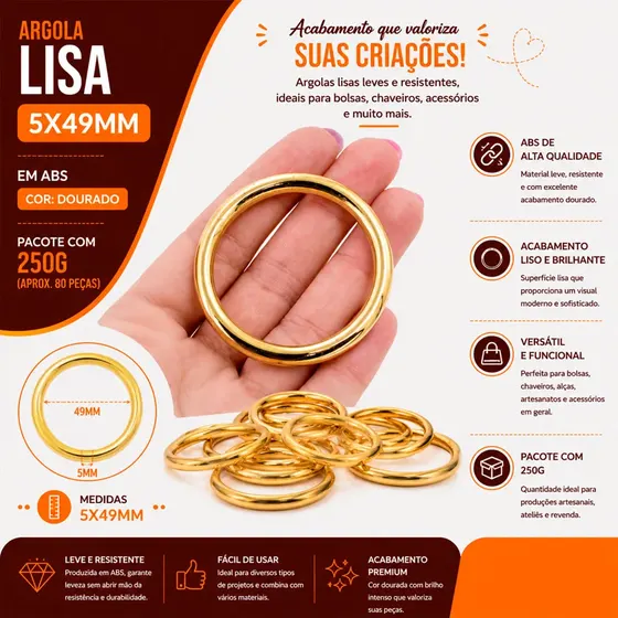 Argola Lisa 5X49Mm Em Abs Com 250G - Dourado