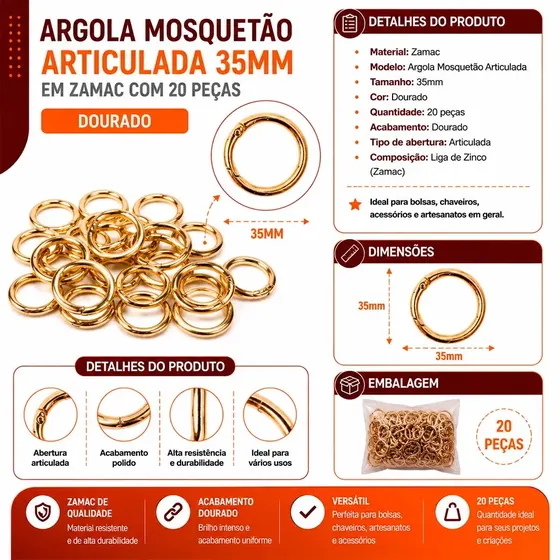 Argola Mosquetao Articulada 35Mm Em Zamac Com 20 Pecas - Dourado