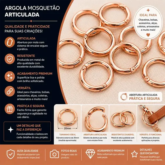 Argola Mosquetao Articulada 35Mm Em Zamac Com 20 Pecas - Dourado