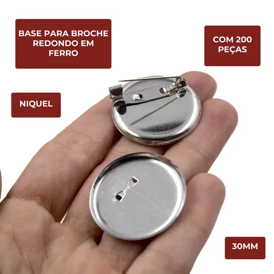 Base Para Broche Redondo 30Mm Em Ferro Com 200 Pecas - Niquel