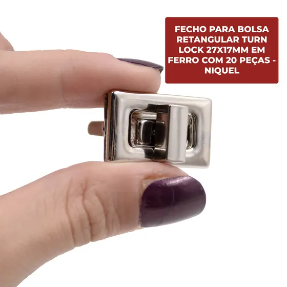Fecho Para Bolsa Retangular Turn Lock 27X12Mm Em Ferro Com 20 Pecas 074