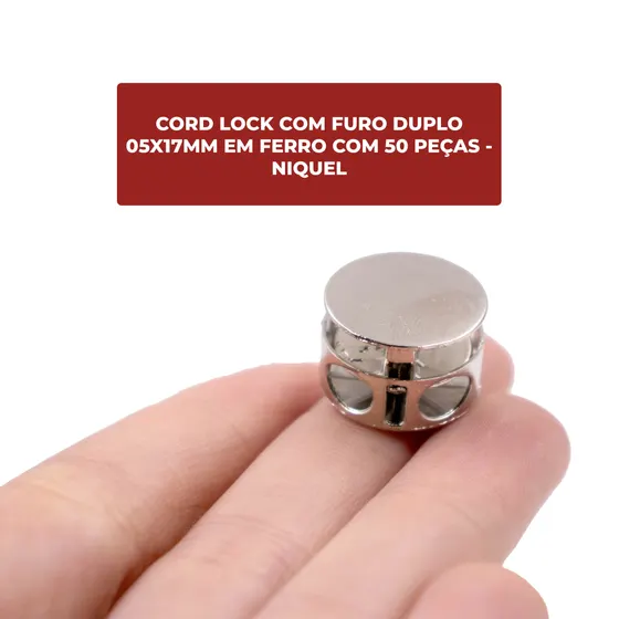 Cord Lock Com Furo Duplo 05X17Mm Em Ferro Com 50 Pecas - Niquel
