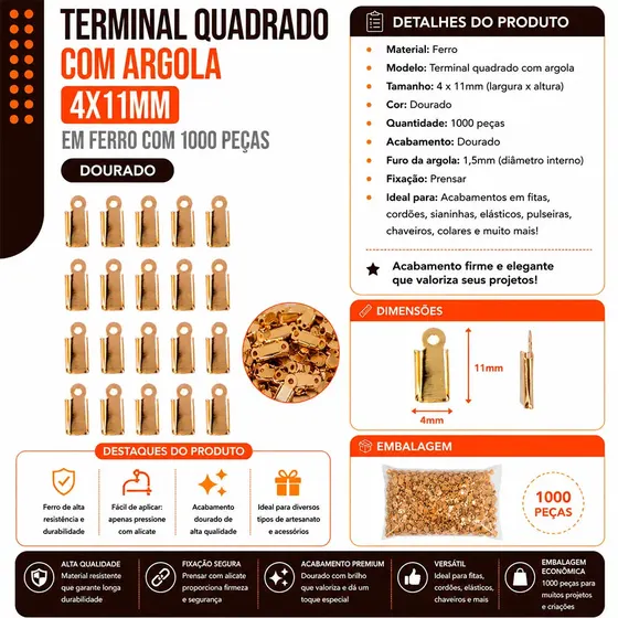 Terminal Quadrado Com Argola 4X11Mm Em Ferro Com 1000 Pecas - Dourado