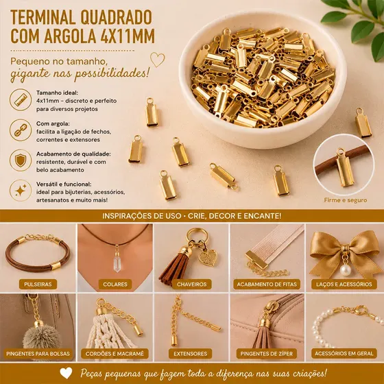 Terminal Quadrado Com Argola 4X11Mm Em Ferro Com 1000 Pecas - Dourado