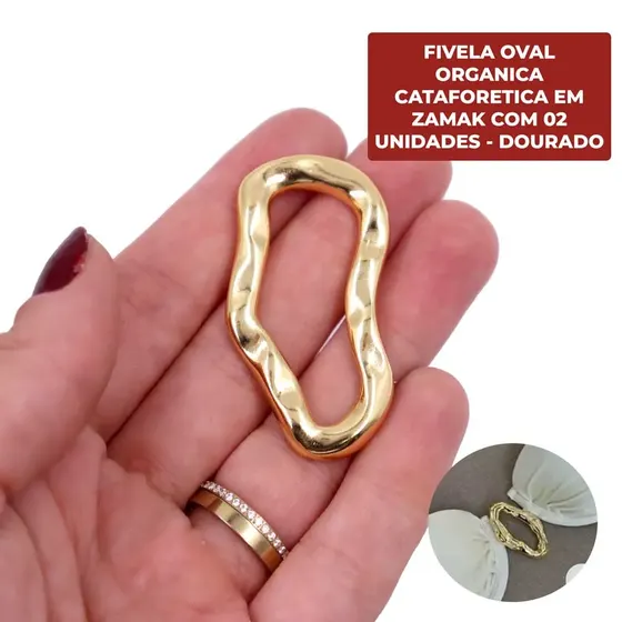 Fivela Oval Organica Cataforetica Em Zamak Com 02 Unidades - Dourado