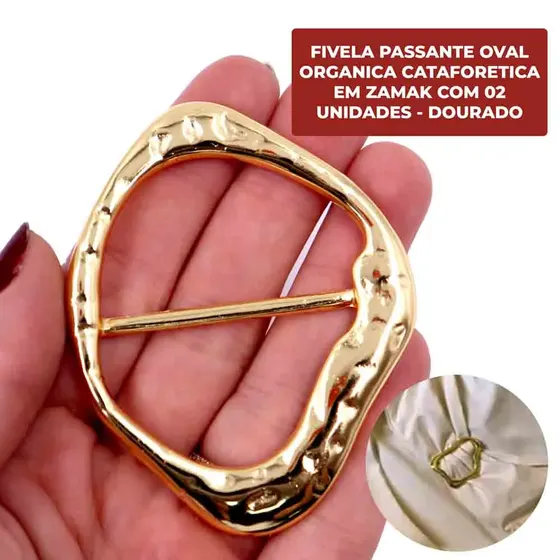 Fivela Passante Oval Organica Cataforetica Em Zamak Com 02 Unidades - Dourado