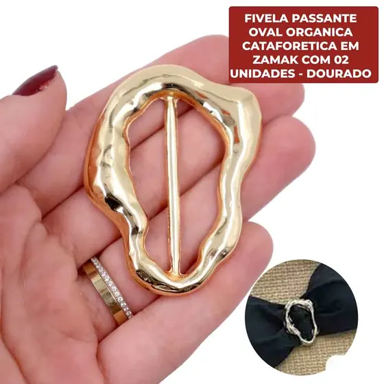 Fivela Passante Oval Organica Cataforetica Em Zamak Com 02 Unidades - Dourado