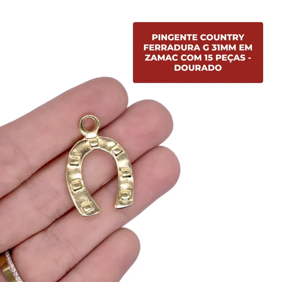 Pingente Country Ferradura G 31Mm Em Zamac Com 15 Pecas - Dourado