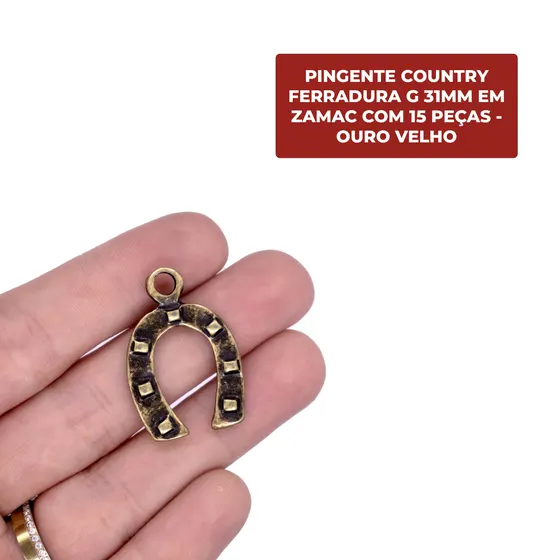 Pingente Country Ferradura G 31Mm Em Zamac Com 15 Pecas - Ouro Velho