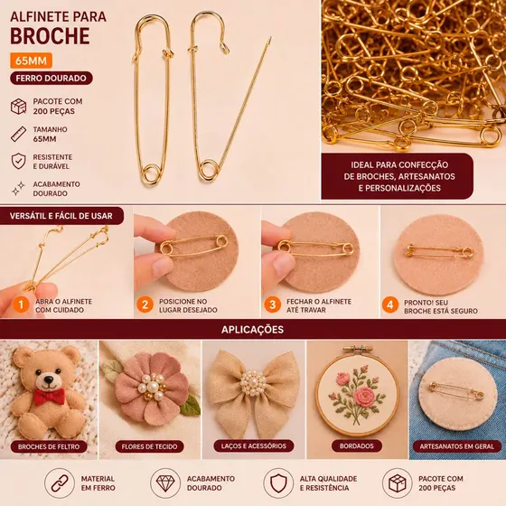 Alfinete Para Broche 65Mm Em Ferro Com 200 Pecas