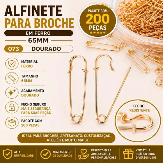 Alfinete Para Broche 65Mm Em Ferro Com 200 Pecas