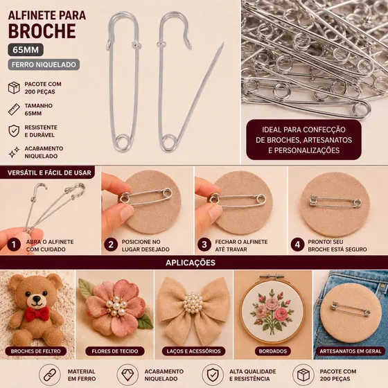 Alfinete Para Broche 65Mm Em Ferro Com 200 Pecas
