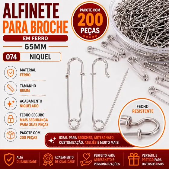 Alfinete Para Broche 65Mm Em Ferro Com 200 Pecas