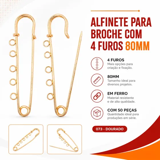 Alfinete Para Broche Com 4 Furos 80Mm Em Ferro Com 50 Pecas