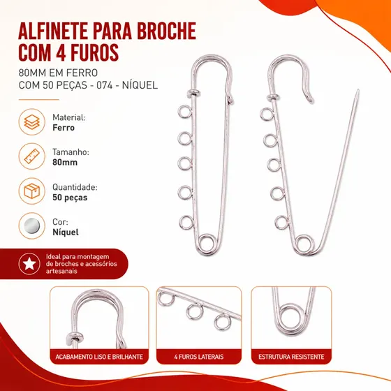 Alfinete Para Broche Com 4 Furos 80Mm Em Ferro Com 50 Pecas
