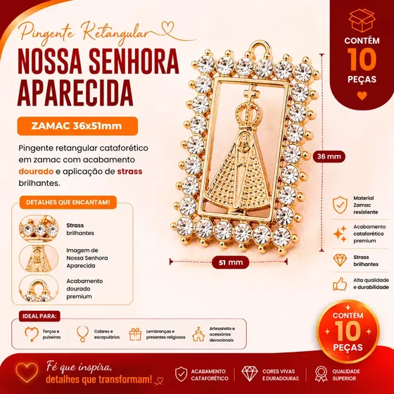 Pingente Retangular Cravejado 36X51Mm N.S Aparecida Em Zamak Com 10 Pecas