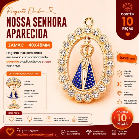 Pingente Oval Cravejado N.S Aparecida 40X48Mm Em Zamak Com 10 Pecas