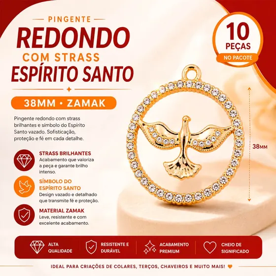 Pingente Redondo Cravejado Espirito Santo 38Mm Em Zamak Com 10 Pecas