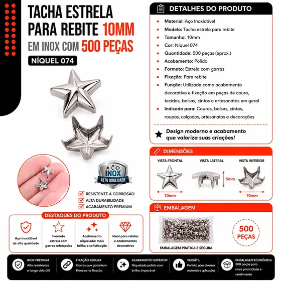 Tacha Estrela Para Rebite 10Mm Em Inox Com 500 Pecas