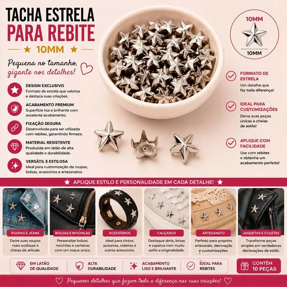 Tacha Estrela Para Rebite 10Mm Em Inox Com 500 Pecas