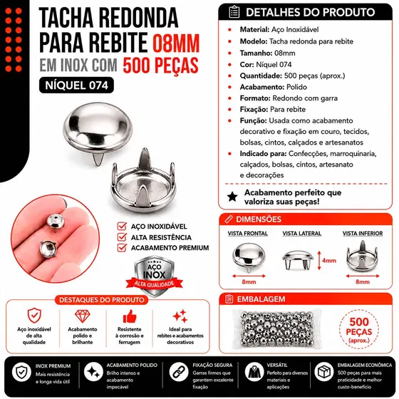 Tacha Redonda Para Rebite 08Mm Em Inox Com 500 Pecas