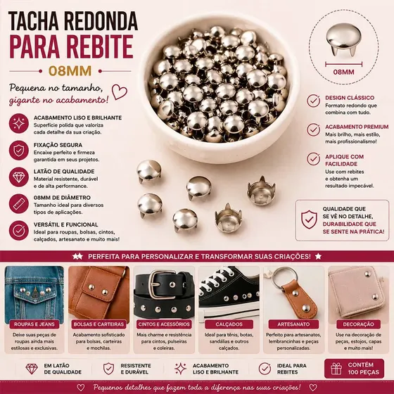 Tacha Redonda Para Rebite 08Mm Em Inox Com 500 Pecas
