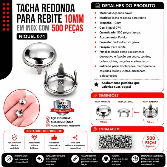 Tacha Redonda Para Rebite 10Mm Em Inox Com 500 Pecas