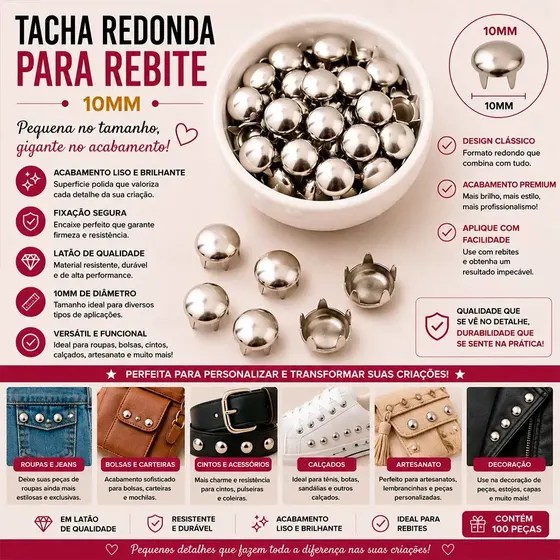 Tacha Redonda Para Rebite 10Mm Em Inox Com 500 Pecas