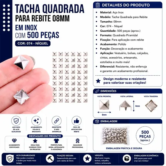 Tacha Quadrada Para Rebite 08Mm Em Inox Com 500 Pecas