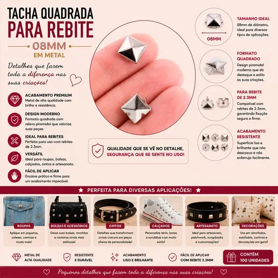 Tacha Quadrada Para Rebite 08Mm Em Inox Com 500 Pecas