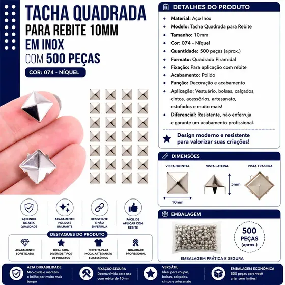 Tacha Quadrada Para Rebite 10Mm Em Inox Com 500 Pecas