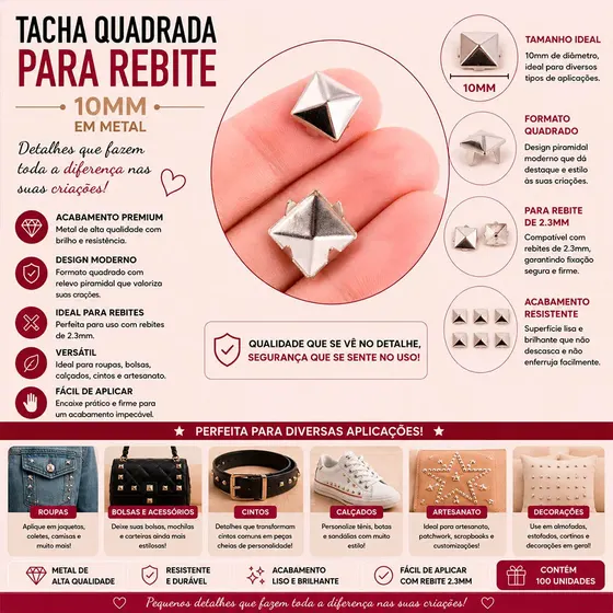 Tacha Quadrada Para Rebite 10Mm Em Inox Com 500 Pecas