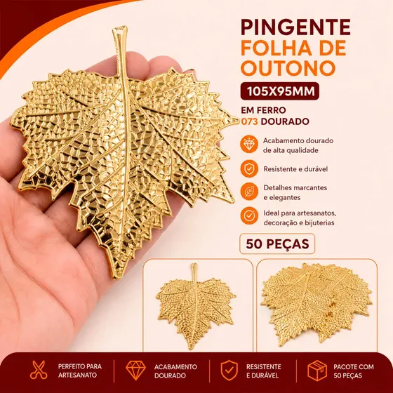 Pingente Folha De Outono 105X95Mm Em Ferro Com 50 Pecas - 073 Dourado