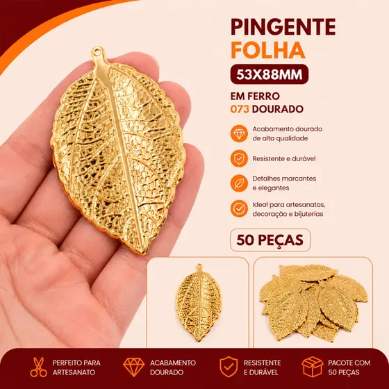 Pingente Folha 53X88Mm Em Ferro Com 50 Pecas - 073 Dourado