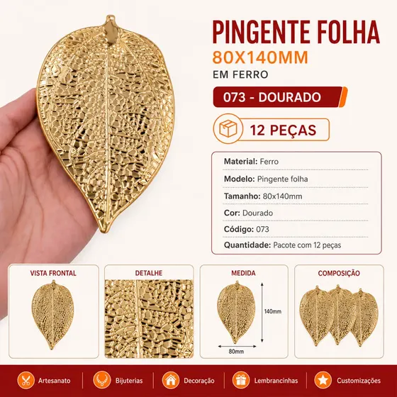 Pingente Folha 80X140Mm Em Ferro Com 12 Pecas - 073 Dourado
