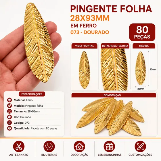 Pingente Folha 28X93Mm Em Ferro Com 80 Pecas