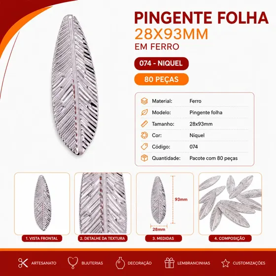Pingente Folha 28X93Mm Em Ferro Com 80 Pecas